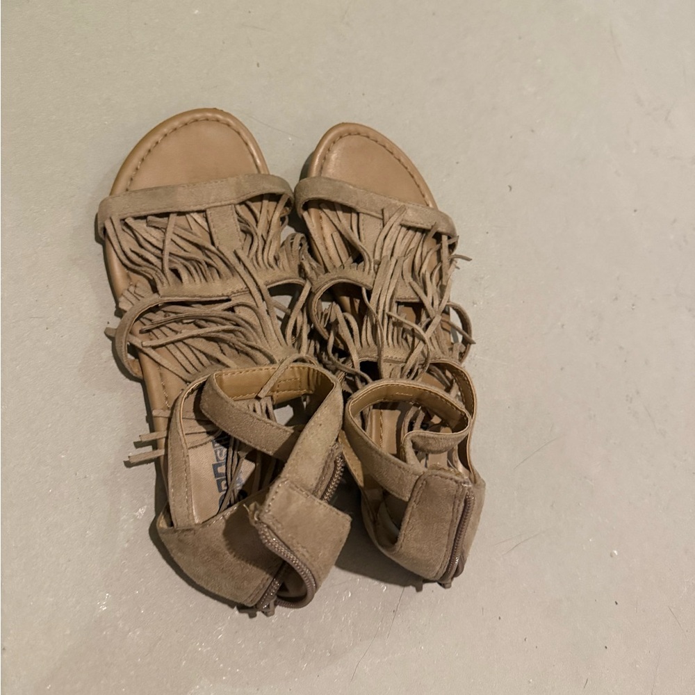Brash Fringe Gladiator Sandals in Taupe